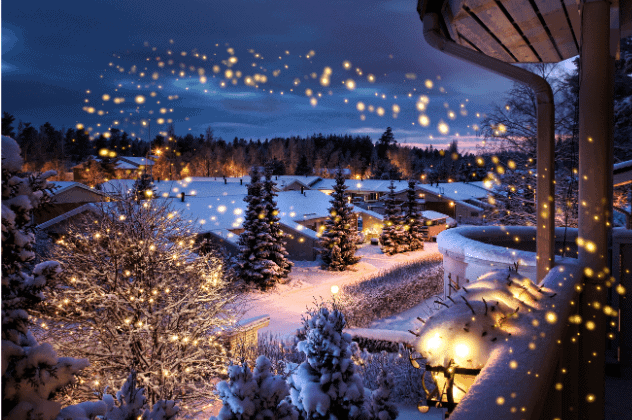 A snowy night with lights and trees