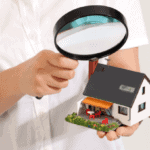 A person holding a magnifying glass over a house.