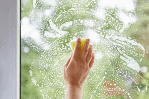 A hand holding a sponge over the window